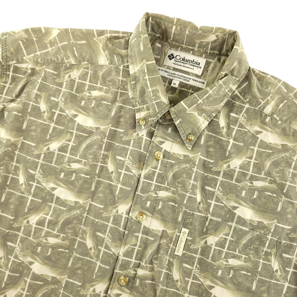 Columbia Shirt Mens XL Beige Fish Print Short Sleeve‎ Button Up Fishing Casual